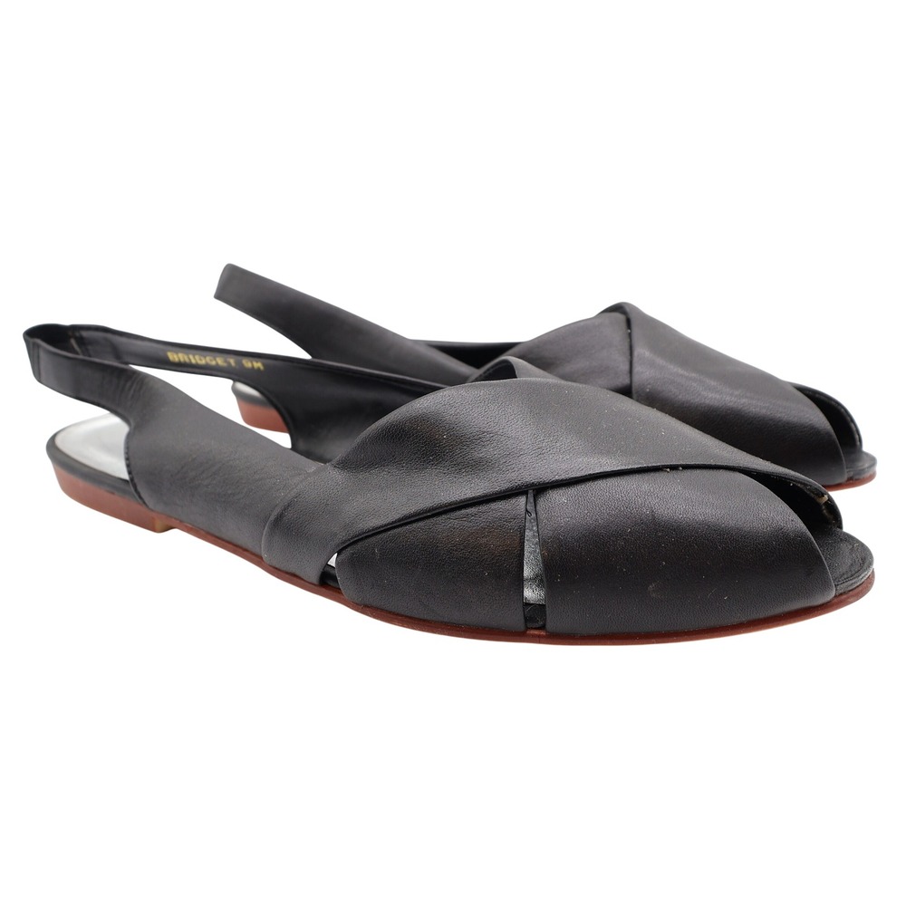 Nicole Bridget Sandals Women 9 Black Leather Slingback Flat Peep Toe Vintage y2k